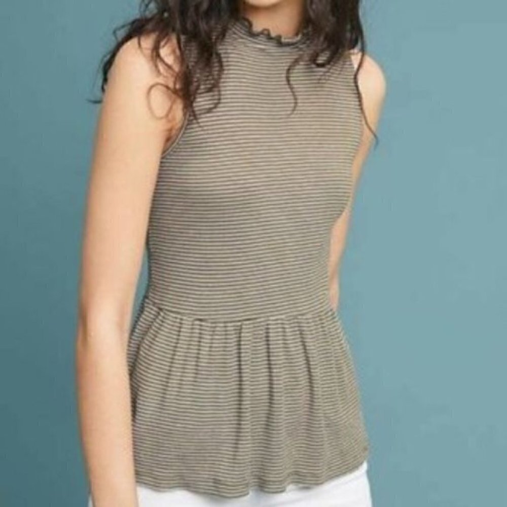 T.La Anthropologie Green Striped Mock Neck Sleeveless Peplum Tank, Size S